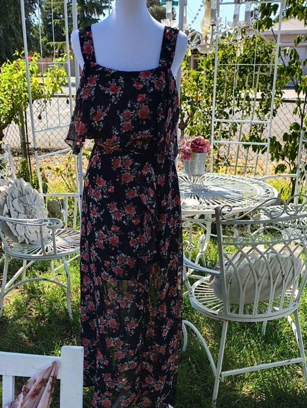 Floral Black and Rose Maxi Dress - Women With Ruffle Slit